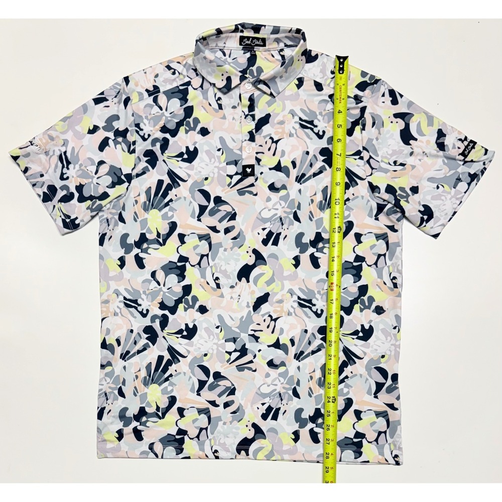 Bad Birdie Mens Golf Polo Shirt Large Abstract Floral Print Short Sleeve Grey